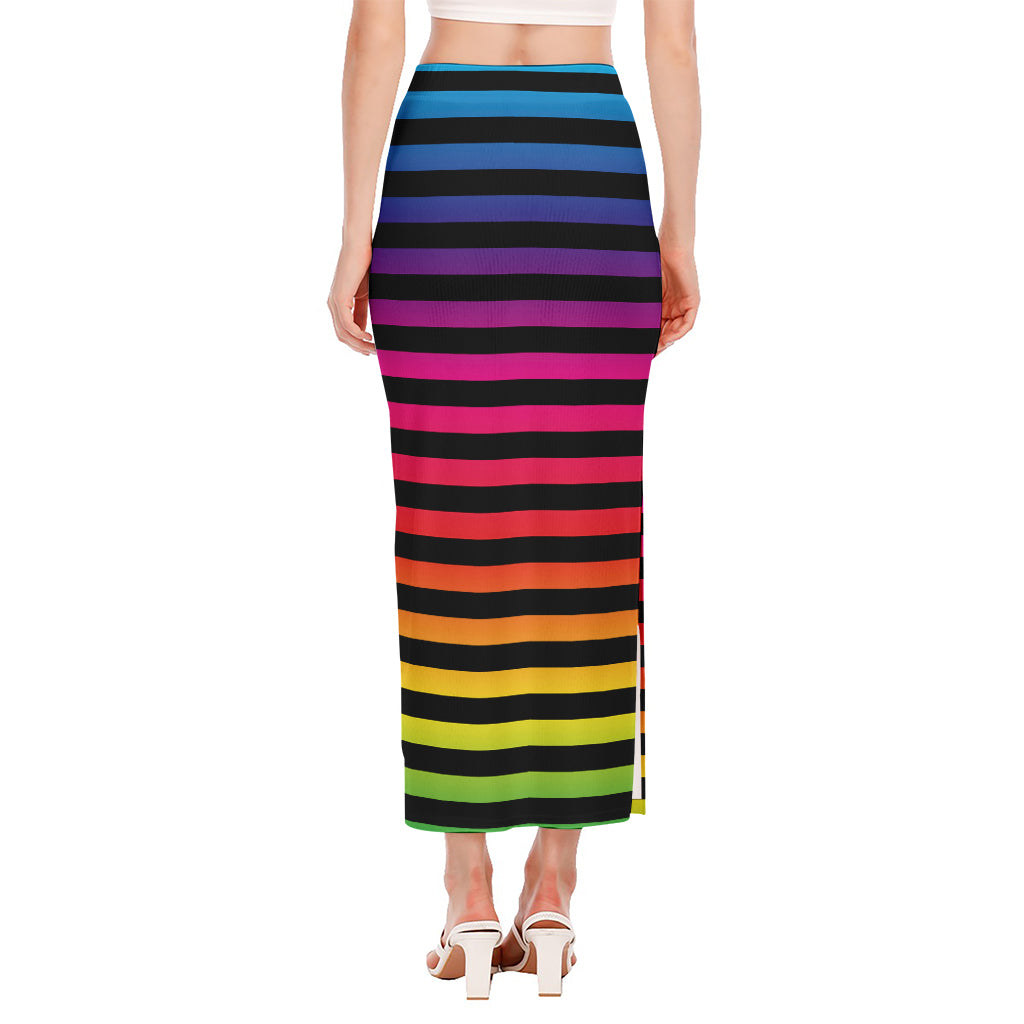 Rainbow Striped Pattern Print Side Slit Maxi Skirt