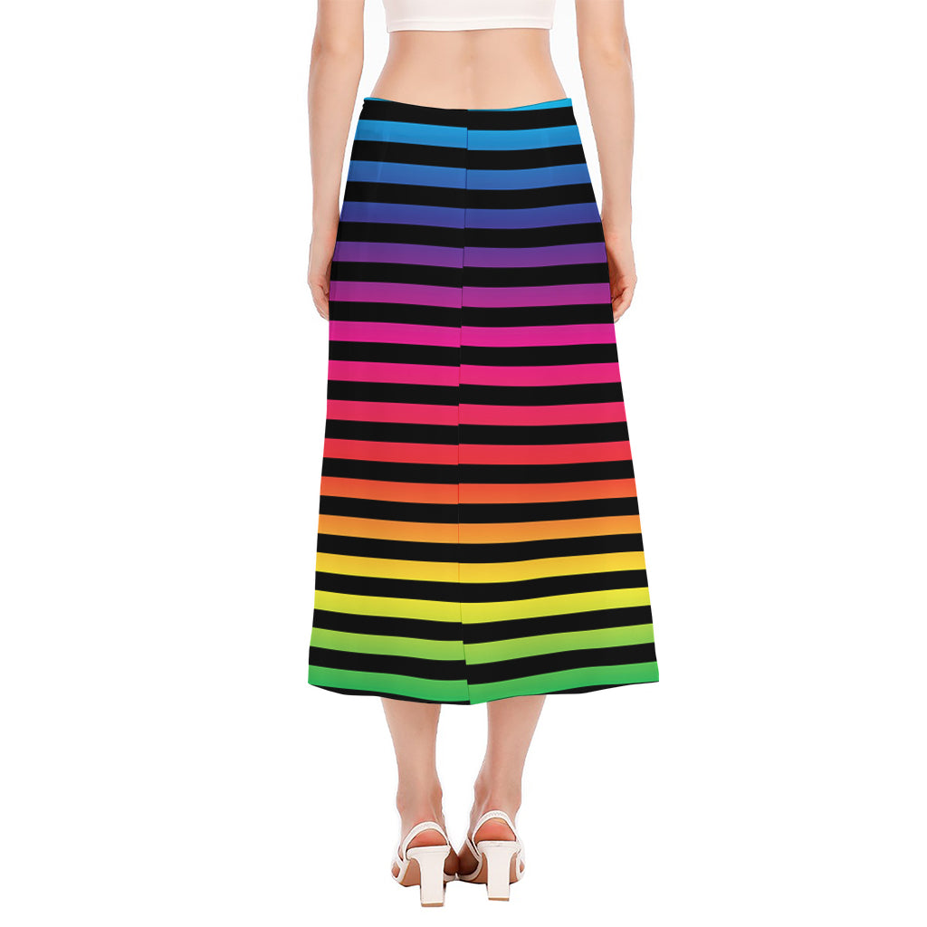 Rainbow Striped Pattern Print Side Slit Midi Skirt