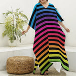 Rainbow Striped Pattern Print Silk V-Neck Kaftan Dress