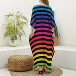 Rainbow Striped Pattern Print Silk V-Neck Kaftan Dress