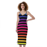 Rainbow Striped Pattern Print Slim Fit Midi Cami Dress