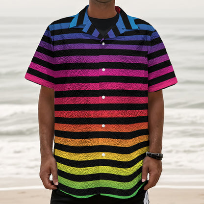 Rainbow Striped Pattern Print Textured Short Sleeve Shirt