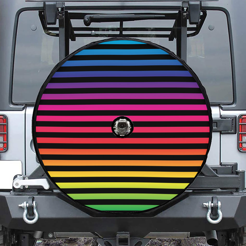 Rainbow Striped Pattern Print Tire Cover With Camera Hole