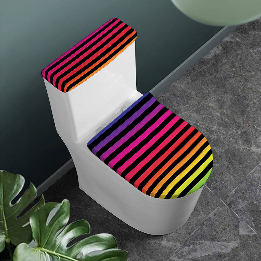 Rainbow Striped Pattern Print Toilet Lid And Tank Cover Set