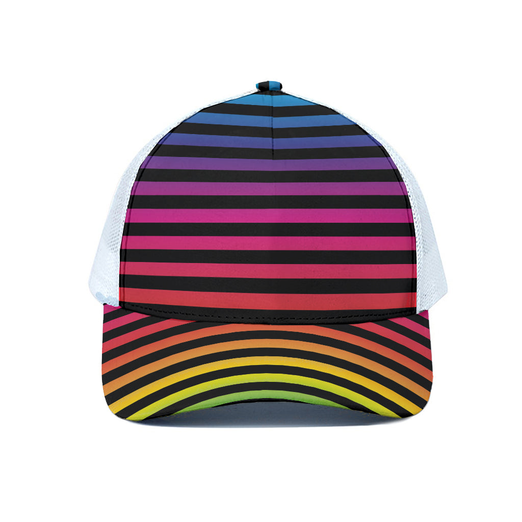 Rainbow Striped Pattern Print White Mesh Trucker Cap