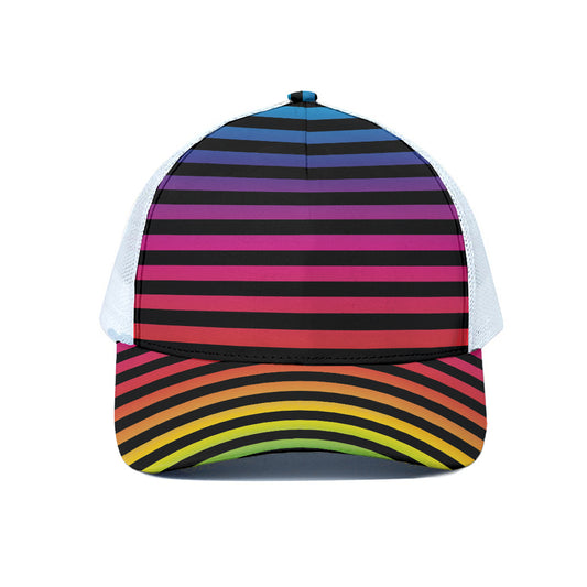 Rainbow Striped Pattern Print White Mesh Trucker Cap