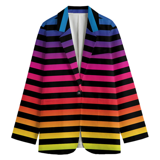 Rainbow Striped Pattern Print Women's Cotton Blazer