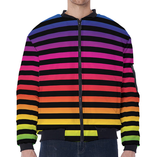 Rainbow Striped Pattern Print Zip Sleeve Bomber Jacket