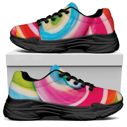 Rainbow Swirl Candy Print Black Chunky Shoes