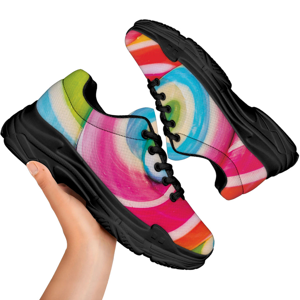 Rainbow Swirl Candy Print Black Chunky Shoes