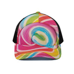 Rainbow Swirl Candy Print Black Mesh Trucker Cap