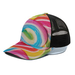 Rainbow Swirl Candy Print Black Mesh Trucker Cap