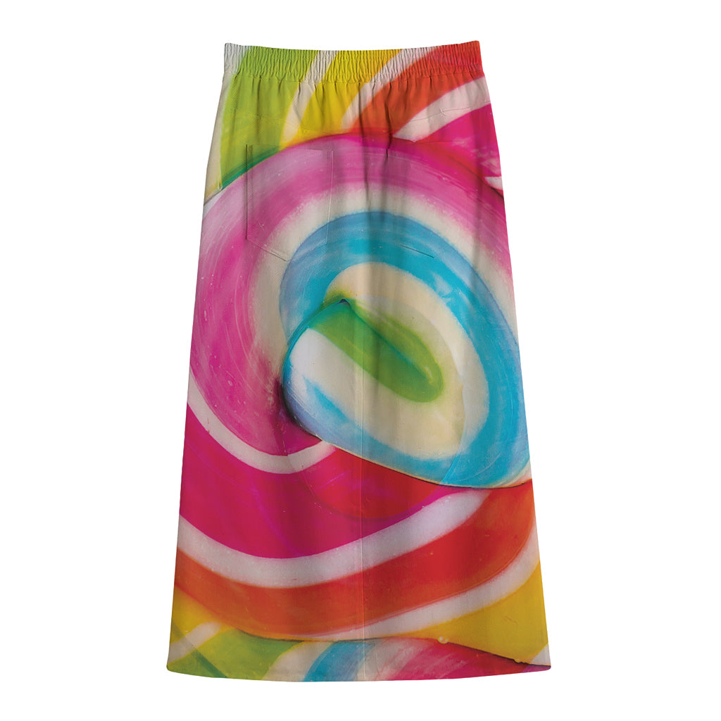 Rainbow Swirl Candy Print Cotton Front Slit Maxi Skirt