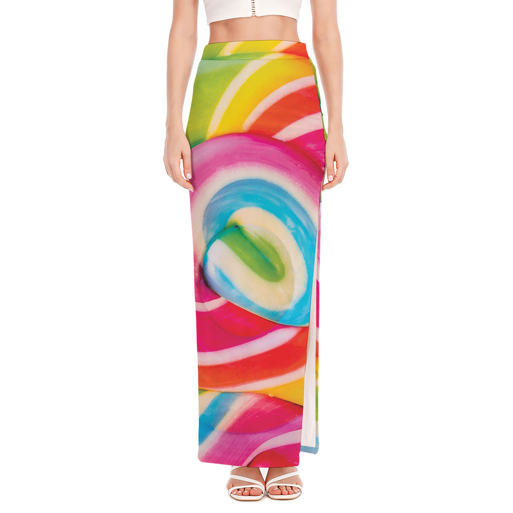 Rainbow Swirl Candy Print High Slit Maxi Skirt