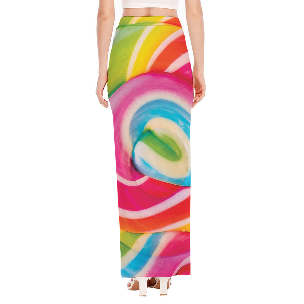 Rainbow Swirl Candy Print High Slit Maxi Skirt