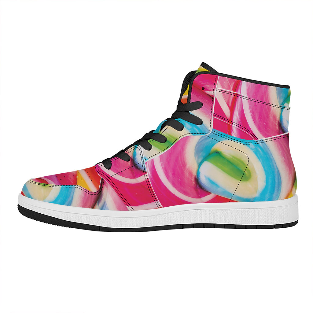 Rainbow Swirl Candy Print High Top Leather Sneakers