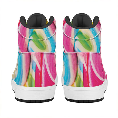 Rainbow Swirl Candy Print High Top Leather Sneakers