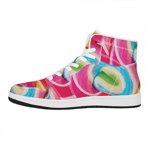 Rainbow Swirl Candy Print High Top Leather Sneakers