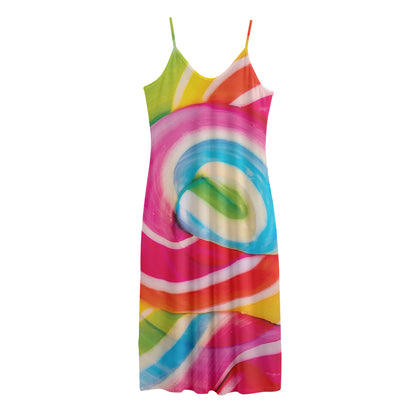 Rainbow Swirl Candy Print Jersey Midi Cami Dress