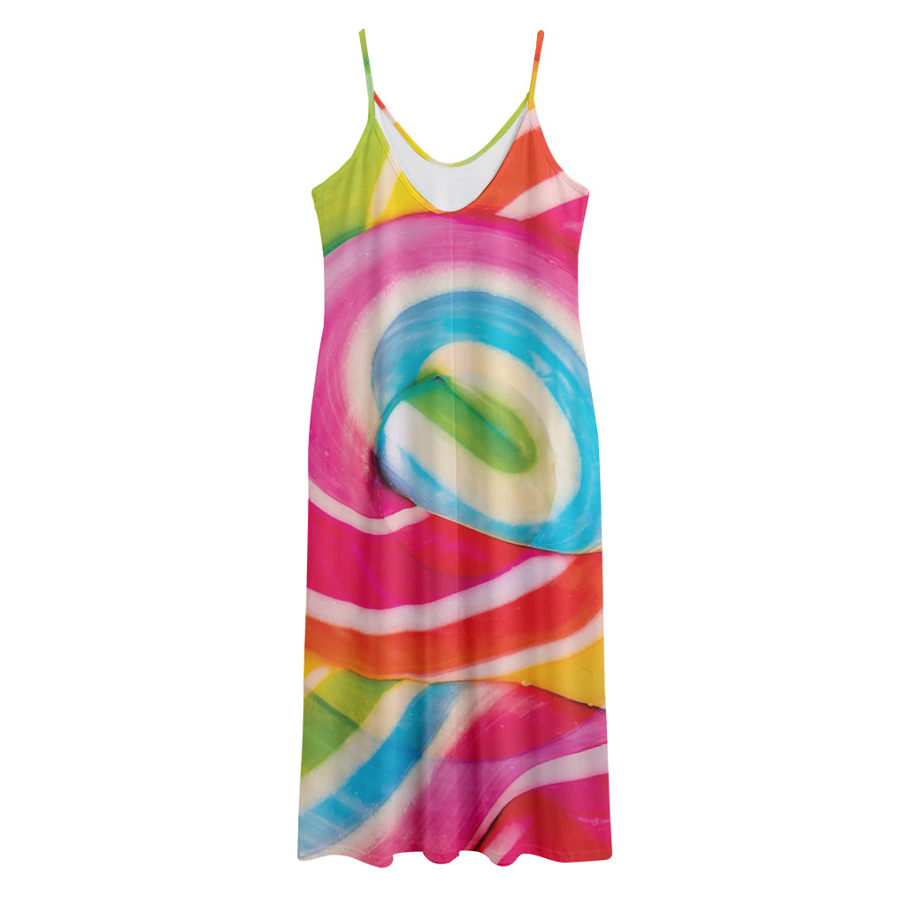 Rainbow Swirl Candy Print Jersey Midi Cami Dress