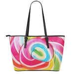 Rainbow Swirl Candy Print Leather Tote Bag