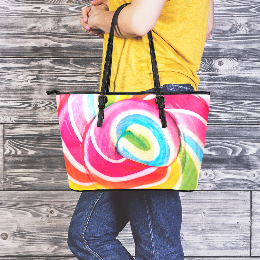 Rainbow Swirl Candy Print Leather Tote Bag