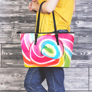 Rainbow Swirl Candy Print Leather Tote Bag