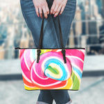 Rainbow Swirl Candy Print Leather Tote Bag