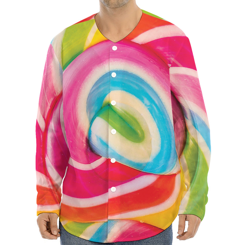 Rainbow Swirl Candy Print Long Sleeve Baseball Jersey