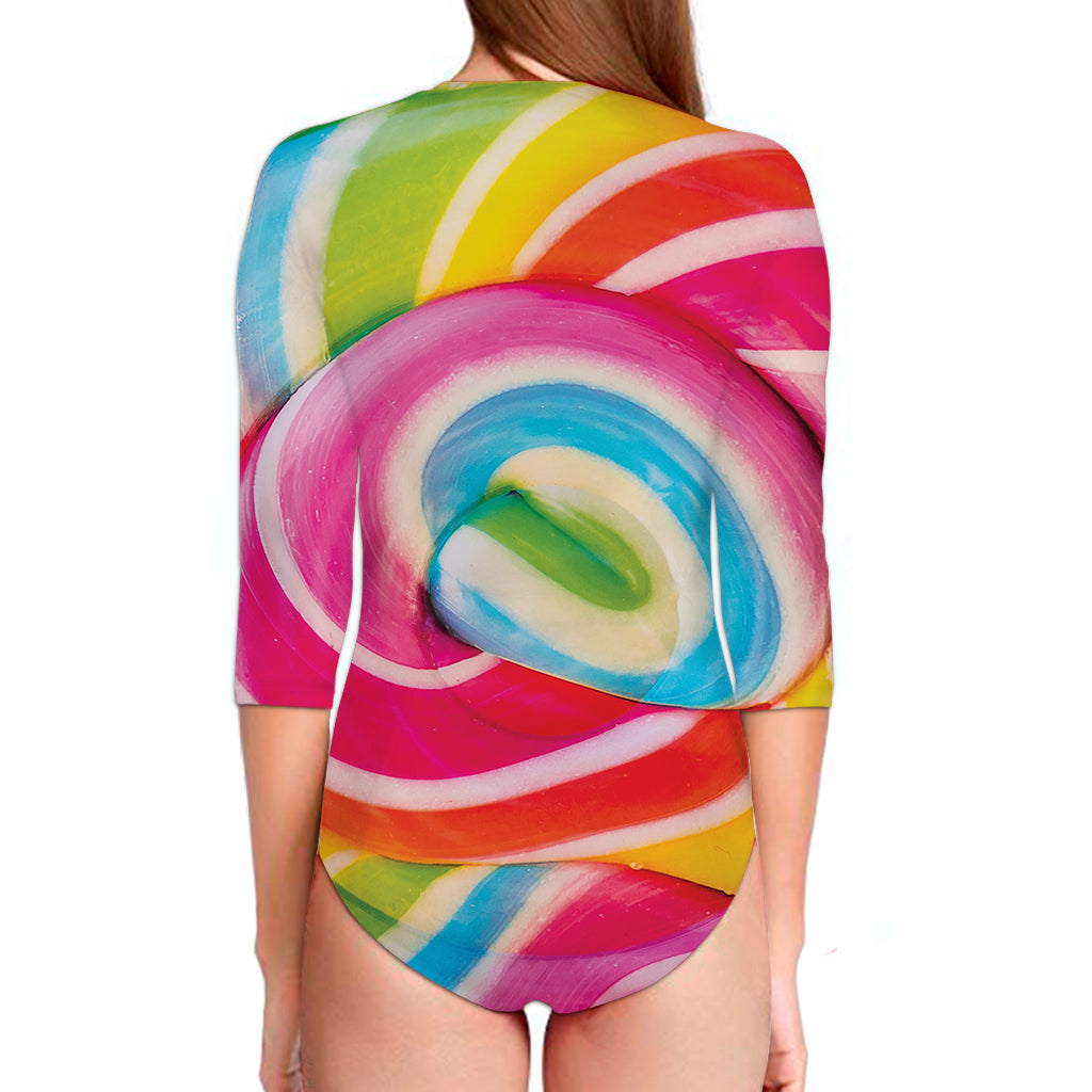 Rainbow Swirl Candy Print Long Sleeve Swimsuit