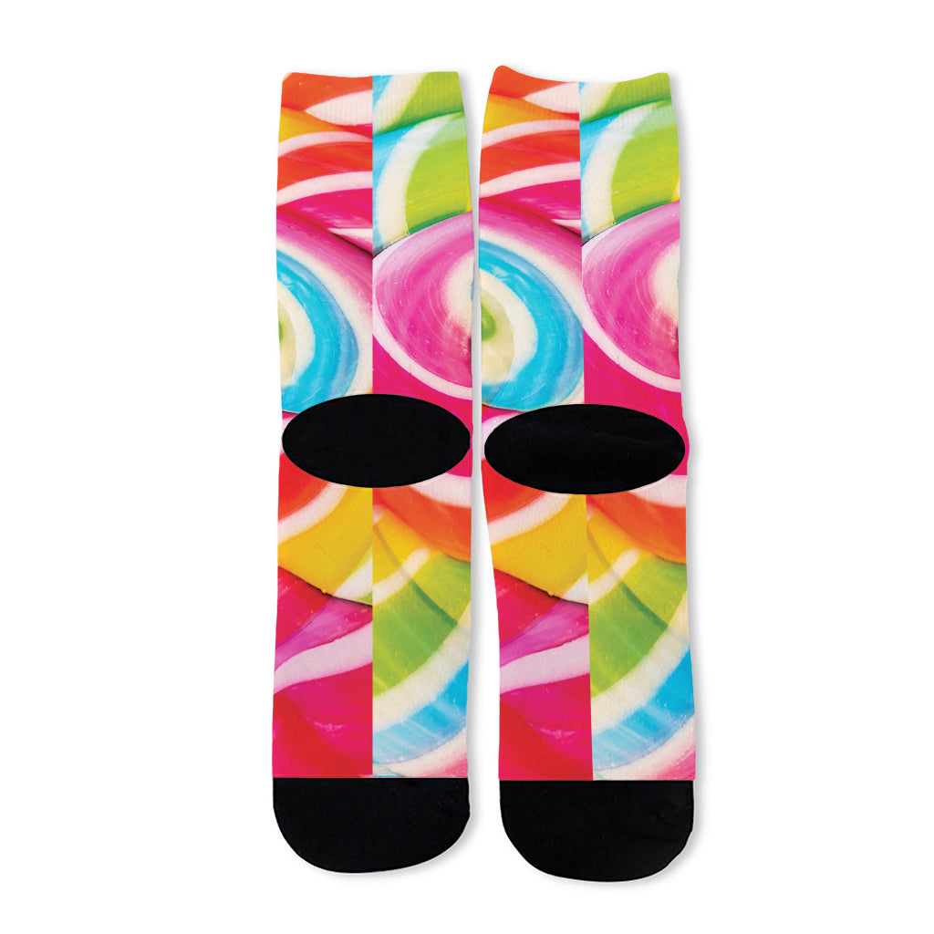 Rainbow Swirl Candy Print Long Socks