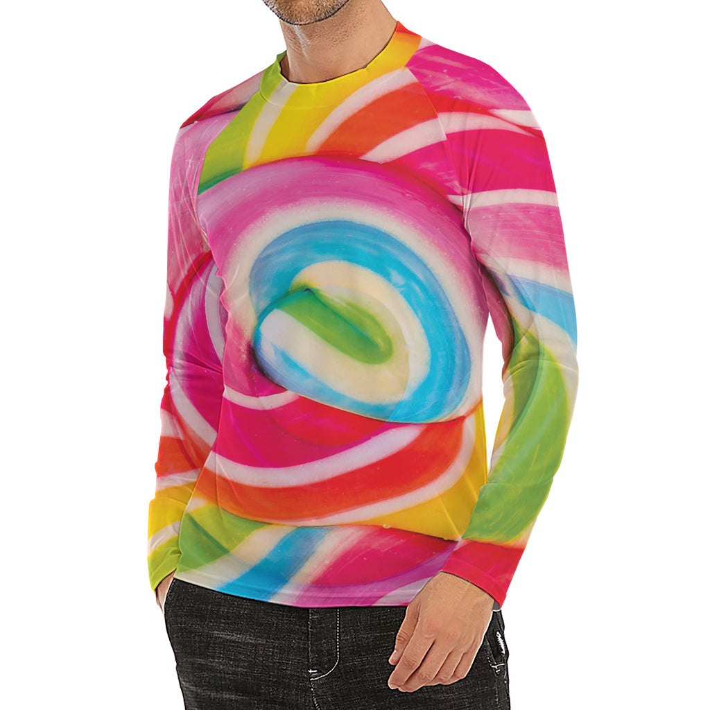 Rainbow Swirl Candy Print Men's Long Sleeve Rash Guard