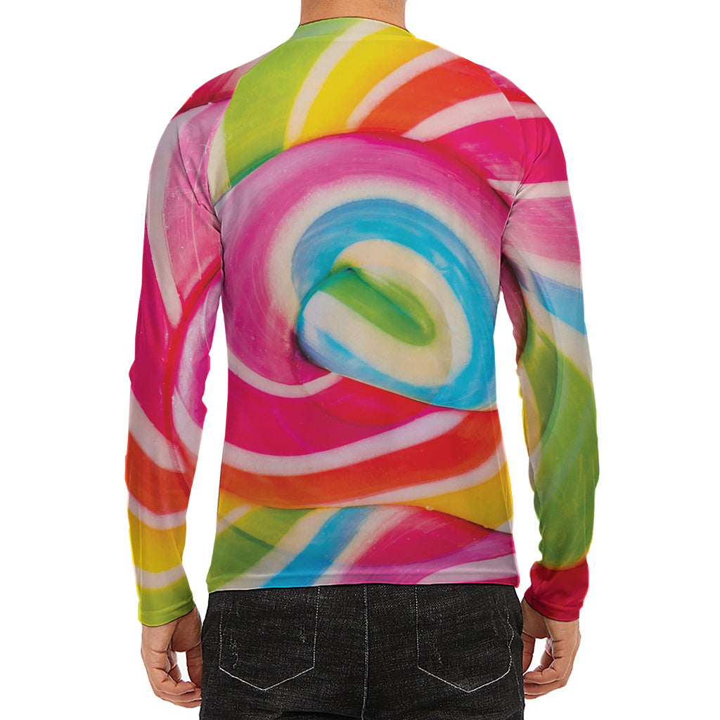Rainbow Swirl Candy Print Men's Long Sleeve Rash Guard