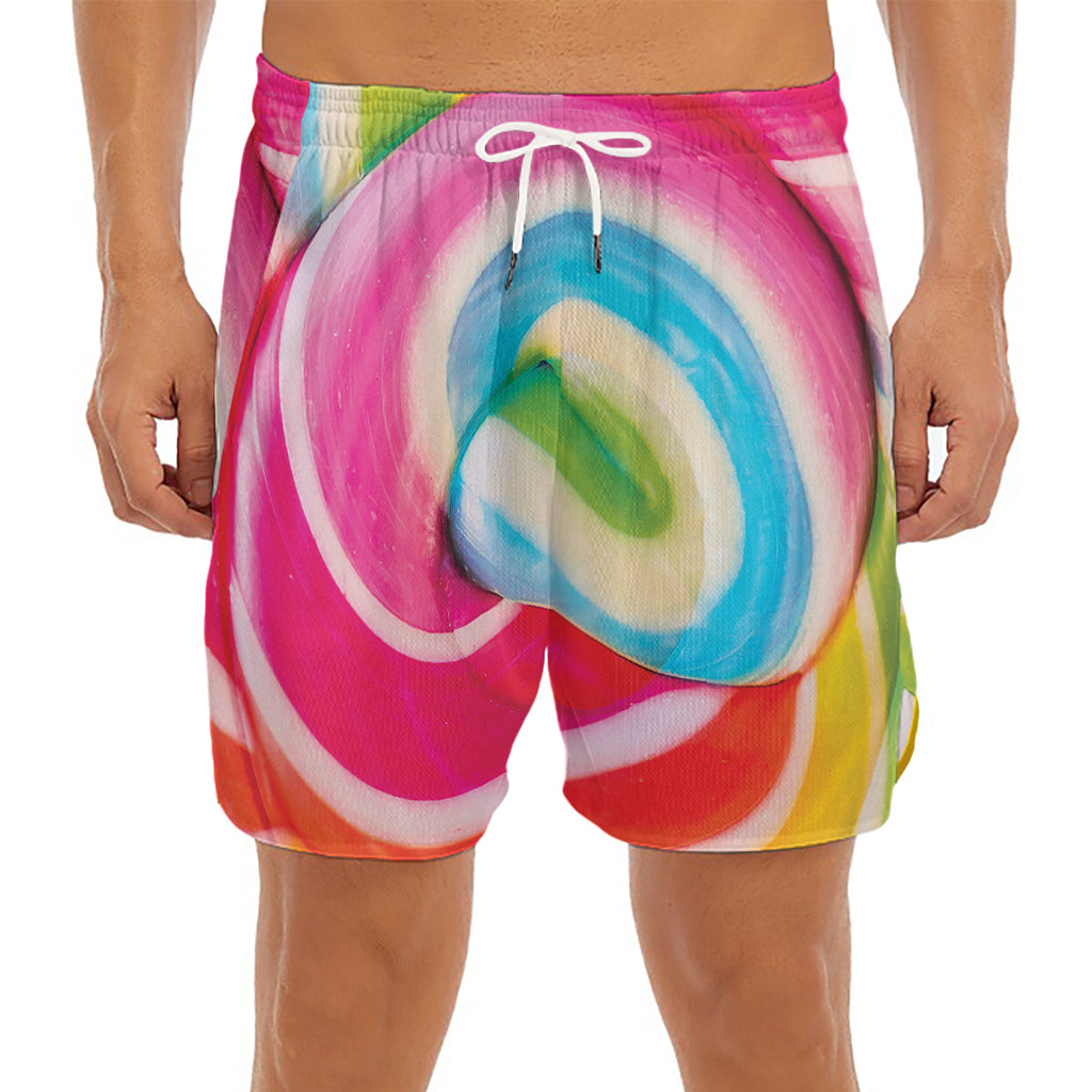 Rainbow Swirl Candy Print Men's Split Running Shorts