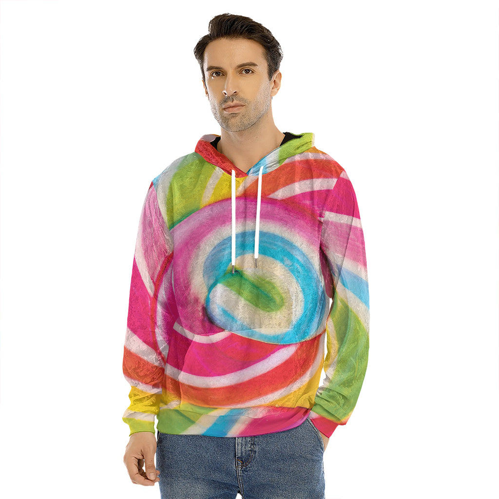 Rainbow Swirl Candy Print Men's Velvet Pullover Hoodie