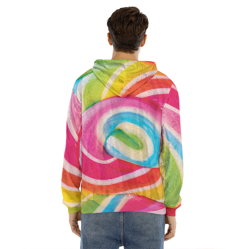 Rainbow Swirl Candy Print Men's Velvet Pullover Hoodie