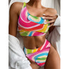 Rainbow Swirl Candy Print One Shoulder Bikini Top