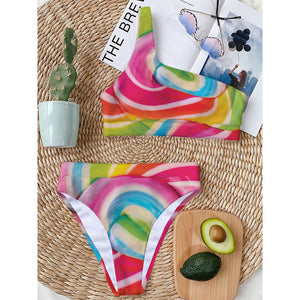 Rainbow Swirl Candy Print One Shoulder Bikini Top