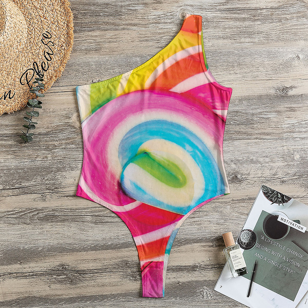 Rainbow Swirl Candy Print One Shoulder Bodysuit