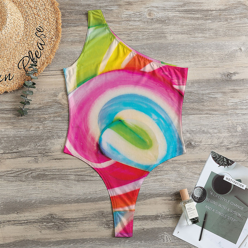 Rainbow Swirl Candy Print One Shoulder Bodysuit