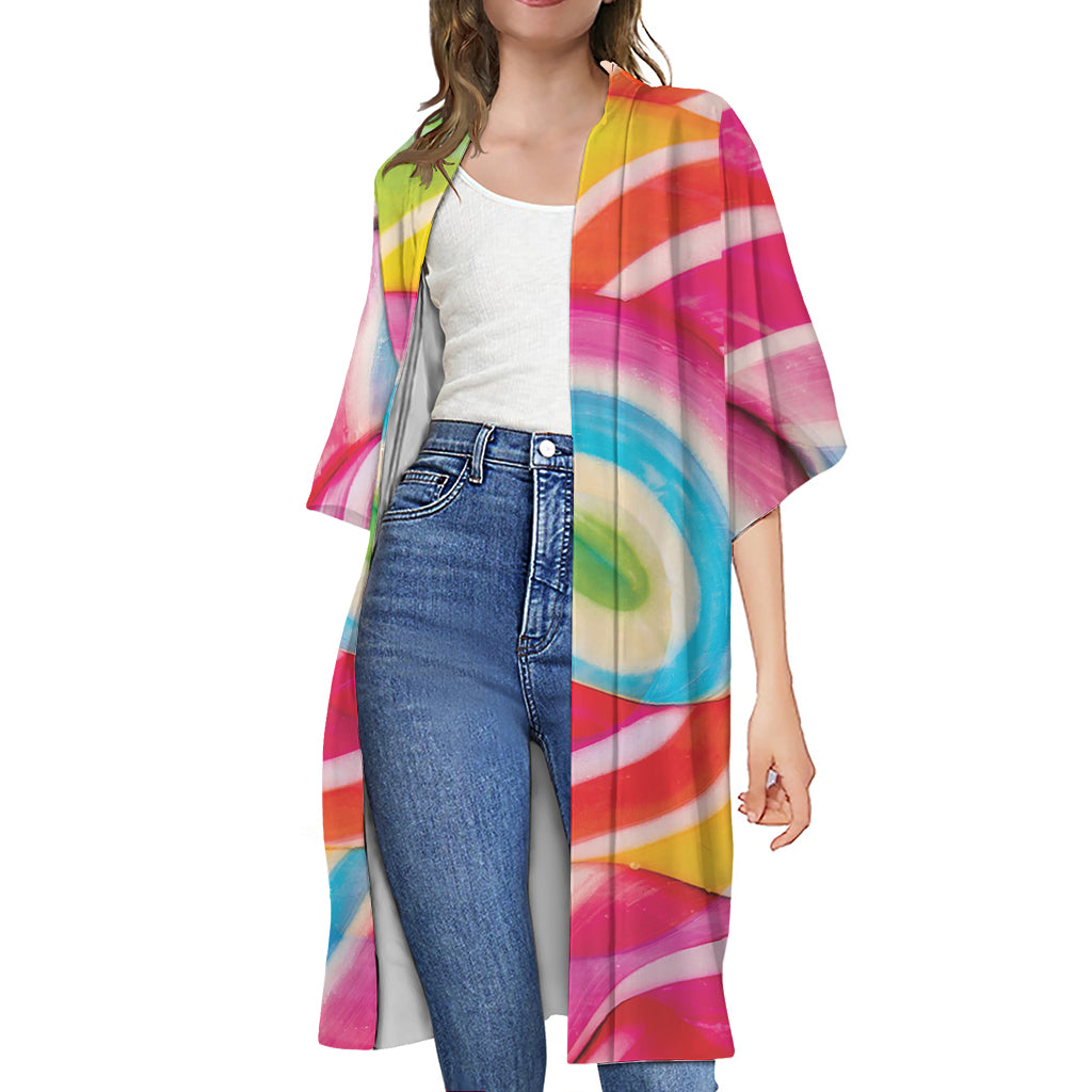 Rainbow Swirl Candy Print Open Front Beach Cover Up