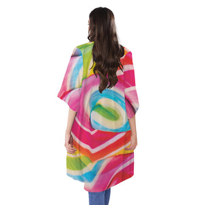 Rainbow Swirl Candy Print Open Front Beach Cover Up