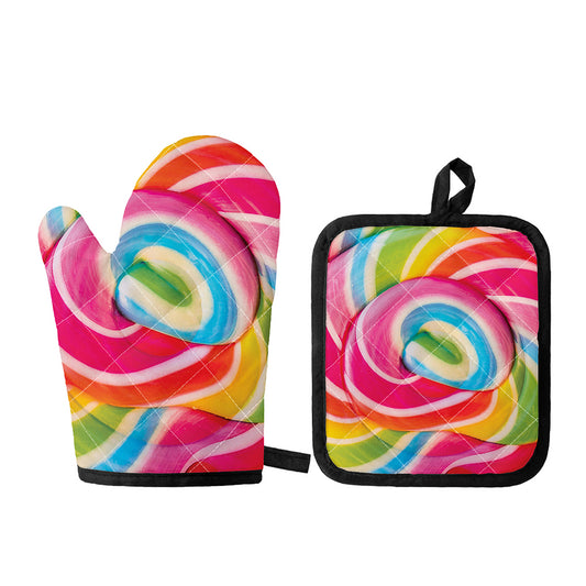 Rainbow Swirl Candy Print Oven Mitt And Pot Holder Set