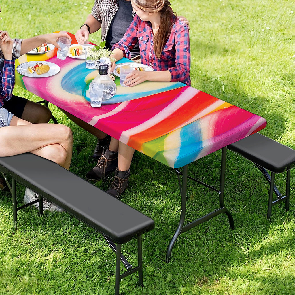 Rainbow Swirl Candy Print Picnic Table Cover