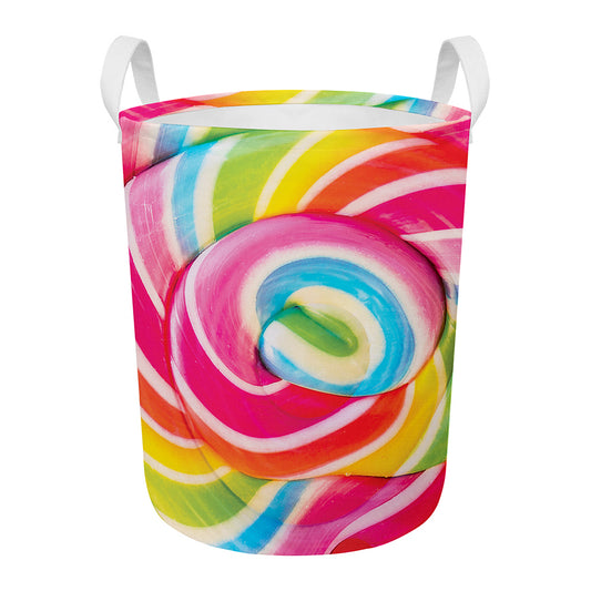 Rainbow Swirl Candy Print Round Laundry Basket