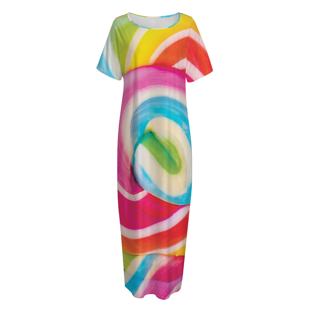 Rainbow Swirl Candy Print Short Sleeve Long Nightdress