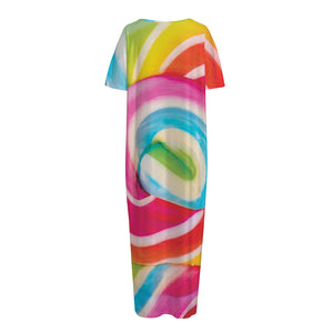 Rainbow Swirl Candy Print Short Sleeve Long Nightdress