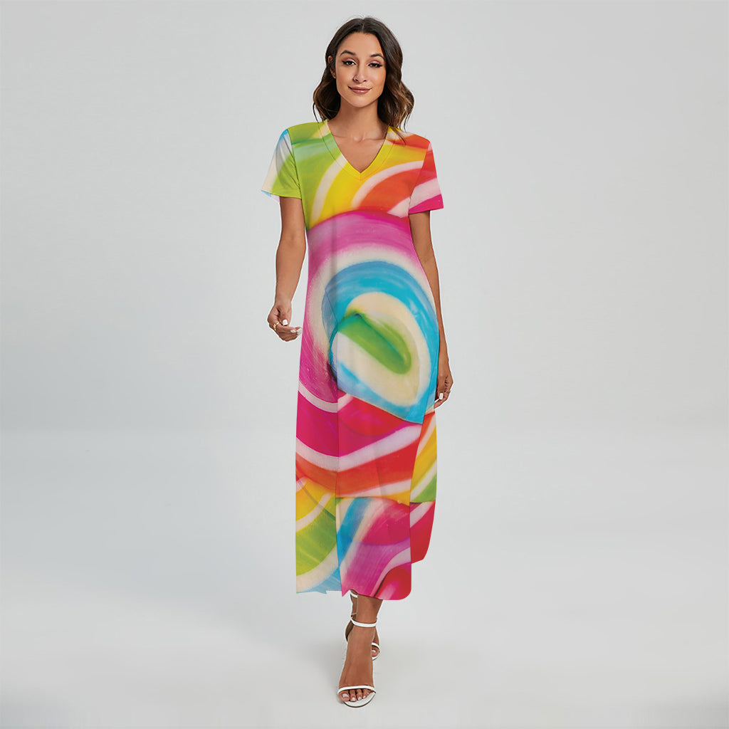 Rainbow Swirl Candy Print Short Sleeve Maxi Dress