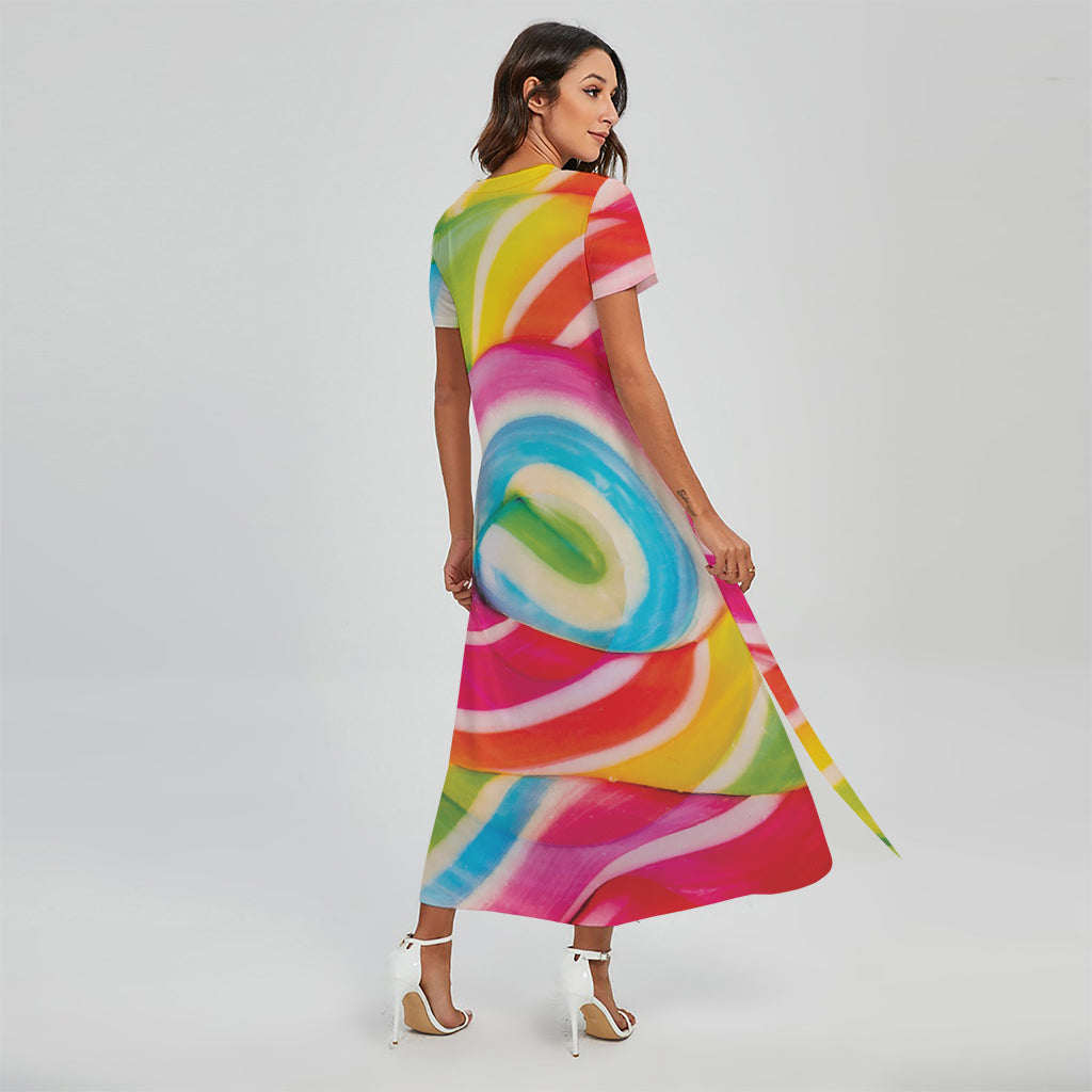 Rainbow Swirl Candy Print Short Sleeve Maxi Dress