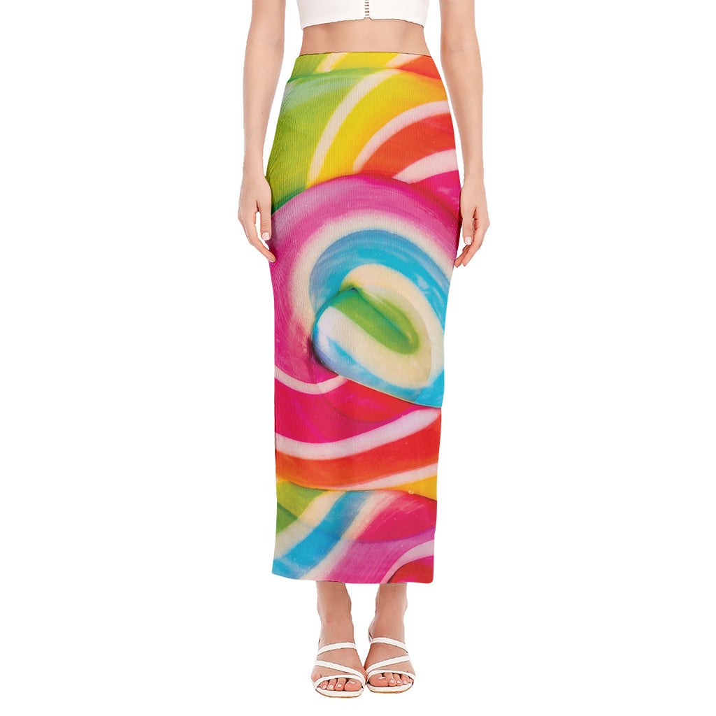 Rainbow Swirl Candy Print Side Slit Maxi Skirt